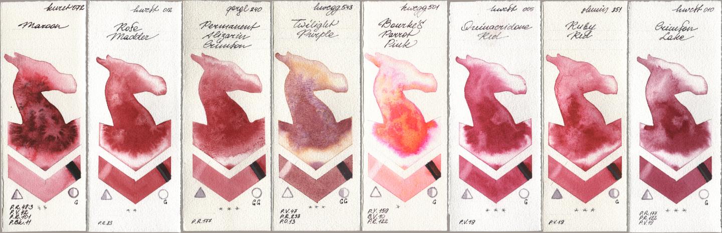 Kuretake Gansai Tambi 072 Maroon, Holbein Artists Watercolor 012 Rose Madder, Golden QOR 240 Permanent Alizarin Crimson, 543 Twilight Purple, 501 Bourkes Parrot Pink, 005 Quinacridone Red, Shminke Horadam Aquarell 351 Ruby Red, 010 Crimson La watercolor swatch