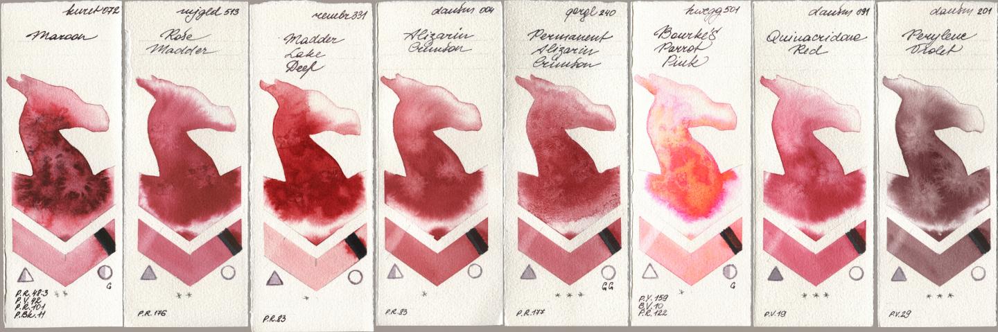 Kuretake Gansai Tambi 072 Maroon, Mijello Mission Gold 513 Rose Madder, Royal Talens Rembrandt Watercolour 331 Madder Lake Deep, Daniel Smith 004 Alizarin Crimson, Golden QOR 240 Permanent Alizarin Crimson, Holbein Artists Watercolor 501 Bourkes Parrot Pink, 091 Quinacridone Red, 201 Perylene Viol watercolor swatch