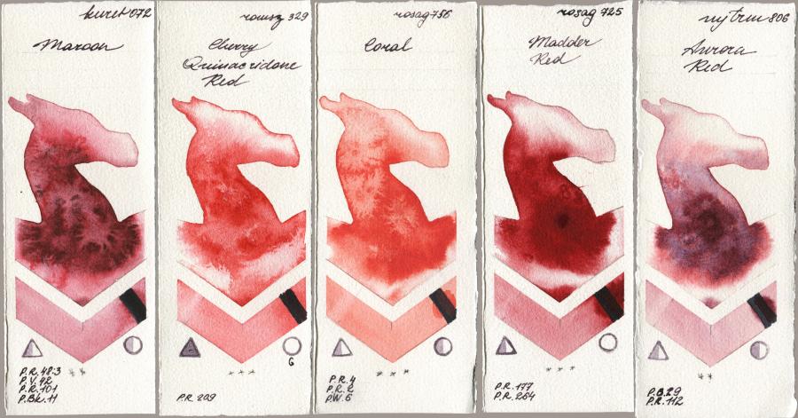 Kuretake Gansai Tambi 072 Maroon vs Roman Szmal Aquarius 329 Cherry Quinacridone Red vs Rosa Gallery 756 Coral vs 725 Madder Red vs Mijello Mission Gold 806 Aurora Red watercolor swatch