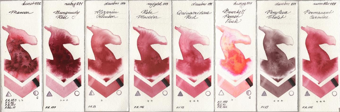 Kuretake Gansai Tambi 072 Maroon, Rosa Gallery 781 Burgundy Red, Daniel Smith 004 Alizarin Crimson, Mijello Mission Gold 513 Rose Madder, 091 Quinacridone Red, Holbein Artists Watercolor 501 Bourkes Parrot Pink, 201 Perylene Violet, Maimeri Blu 167 Permanent Carmi watercolor swatch