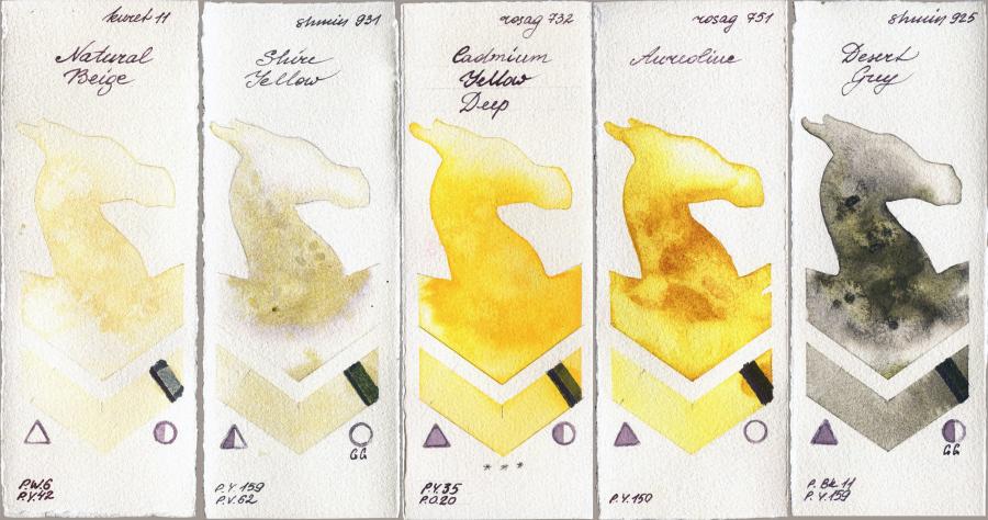 Kuretake Gansai Tambi 11 Natural Beige vs Shminke Horadam Aquarell 931 Shire Yellow vs Rosa Gallery 732 Cadmium Yellow Deep vs 751 Aureoline vs 925 Desert Grey watercolor swatch