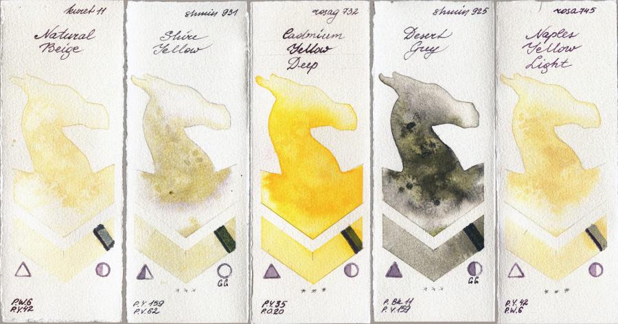 Kuretake Gansai Tambi 11 Natural Beige vs Shminke Horadam Aquarell 931 Shire Yellow vs Rosa Gallery 732 Cadmium Yellow Deep vs 925 Desert Grey vs 745 Naples Yellow Light watercolor swatch