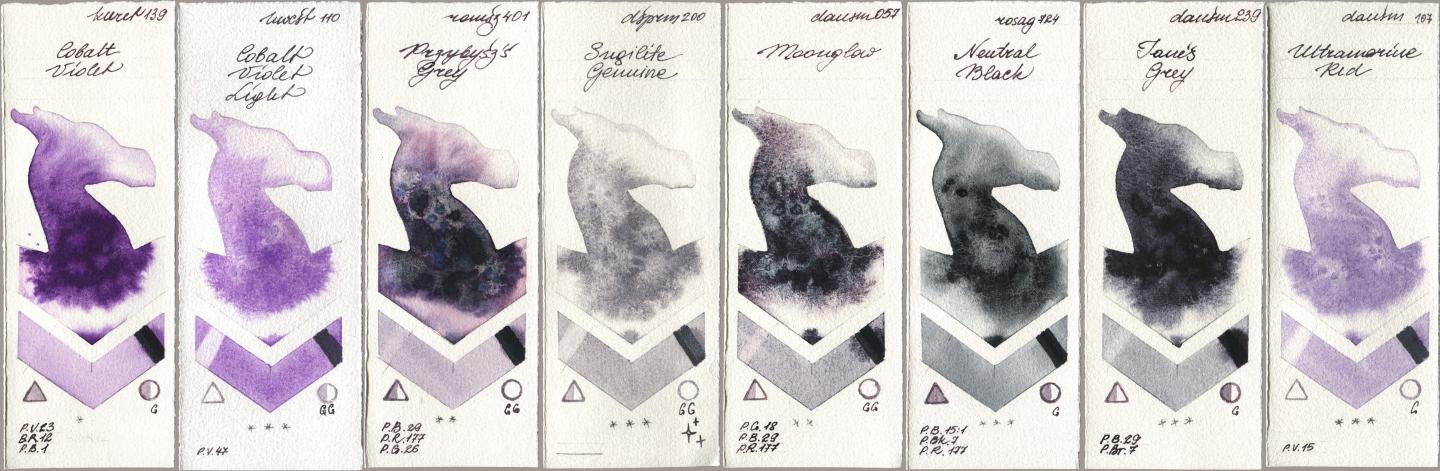 Kuretake Gansai Tambi 139 Cobalt Violet, Holbein Artists Watercolor 110 Cobalt Violet Light, Roman Szmal Aquarius 401 Przybyszs Grey, Daniel Smith 200 Sugilite Genuine, 057 Moonglow, Rosa Gallery 724 Neutral Black, 239 Janes Grey, 107 Ultramarine R watercolor swatch