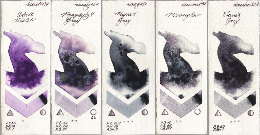 Kuretake Gansai Tambi 139 Cobalt Violet vs Roman Szmal Aquarius 401 Przybyszs Grey vs Rosa Gallery 737 Paynes Grey vs Daniel Smith 057 Moonglow vs 239 Janes Grey watercolor swatch