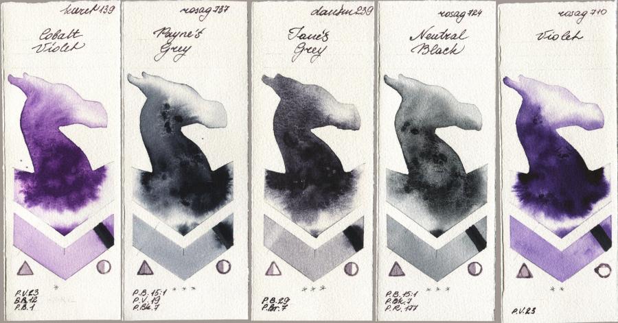 Kuretake Gansai Tambi 139 Cobalt Violet vs Rosa Gallery 737 Paynes Grey vs Daniel Smith 239 Janes Grey vs 724 Neutral Black vs 710 Violet watercolor swatch