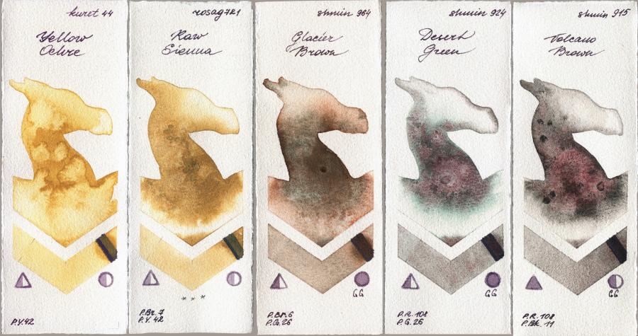 Kuretake Gansai Tambi 44 Yellow Ochre vs Rosa Gallery 721 Raw Sienna vs Shminke Horadam Aquarell 964 Glacier Brown vs 924 Desert Green vs 915 Volcano Brown watercolor swatch