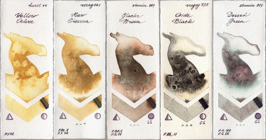 Kuretake Gansai Tambi 44 Yellow Ochre vs Rosa Gallery 721 Raw Sienna vs Shminke Horadam Aquarell 964 Glacier Brown vs Royal Talens Van Gogh Watercolour 735 Oxide Black vs 924 Desert Green watercolor swatch