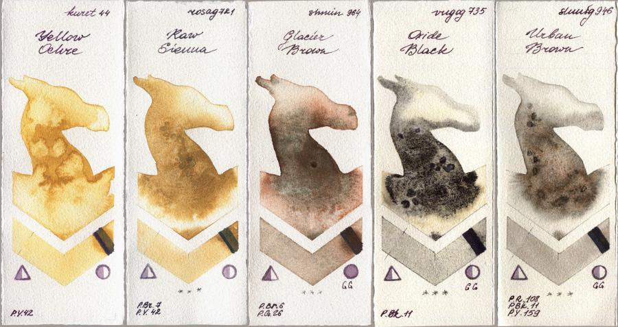 Kuretake Gansai Tambi 44 Yellow Ochre vs Rosa Gallery 721 Raw Sienna vs Shminke Horadam Aquarell 964 Glacier Brown vs Royal Talens Van Gogh Watercolour 735 Oxide Black vs 946 Urban Brown watercolor swatch