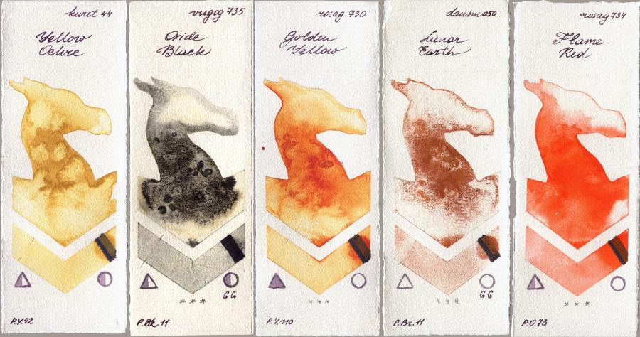 Kuretake Gansai Tambi 44 Yellow Ochre vs Royal Talens Van Gogh Watercolour 735 Oxide Black vs Rosa Gallery 730 Golden Yellow vs Daniel Smith 050 Lunar Earth vs 734 Flame Red watercolor swatch