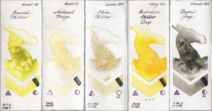 Kuretake Gansai Tambi 48 Greenish Yellow vs 11 Natural Beige vs Shminke Horadam Aquarell 931 Shire Yellow vs Rosa Gallery 732 Cadmium Yellow Deep vs 925 Desert Grey watercolor swatch