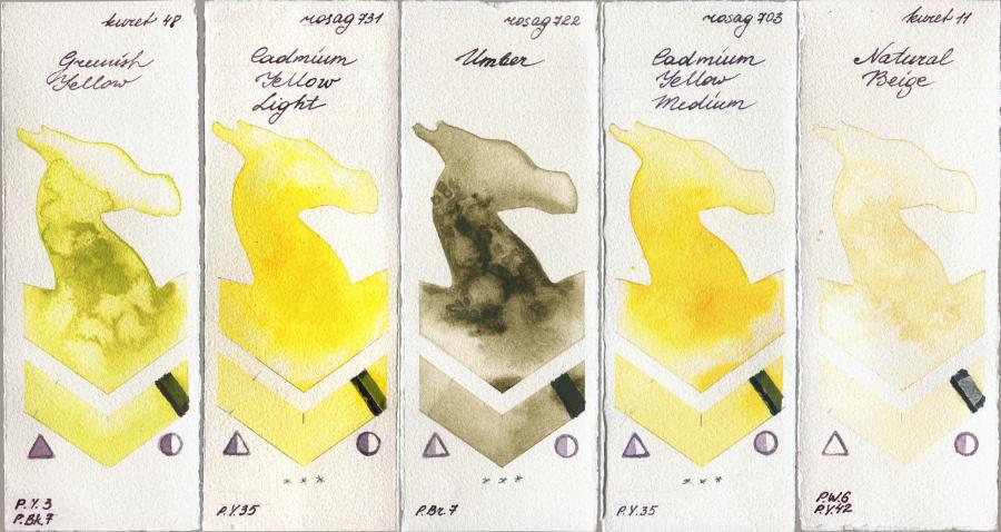 Kuretake Gansai Tambi 48 Greenish Yellow vs Rosa Gallery 731 Cadmium Yellow Light vs 722 Umber vs 703 Cadmium Yellow Medium vs 11 Natural Beige watercolor swatch