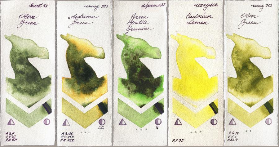 Kuretake Gansai Tambi 54 Olive Green vs Roman Szmal Aquarius 363 Autumn Green vs Daniel Smith 197 Green Apatite Genuine vs Rosa Gallery 702 Cadmium Lemon vs 713 Olive Green watercolor swatch