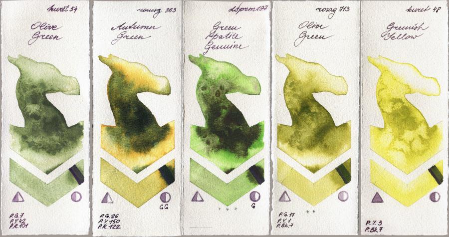 Kuretake Gansai Tambi 54 Olive Green vs Roman Szmal Aquarius 363 Autumn Green vs Daniel Smith 197 Green Apatite Genuine vs Rosa Gallery 713 Olive Green vs 48 Greenish Yellow watercolor swatch