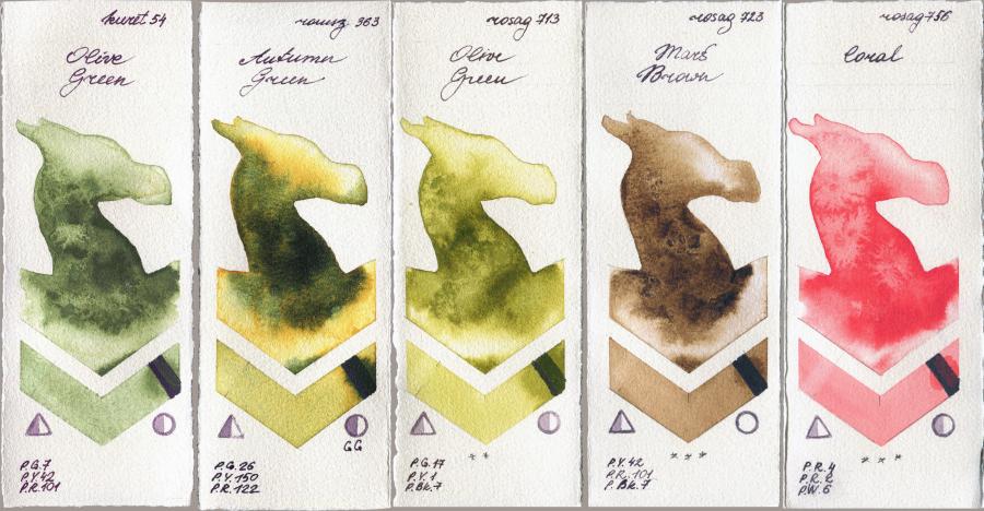 Kuretake Gansai Tambi 54 Olive Green vs Roman Szmal Aquarius 363 Autumn Green vs Rosa Gallery 713 Olive Green vs 723 Mars Brown vs 756 Coral watercolor swatch