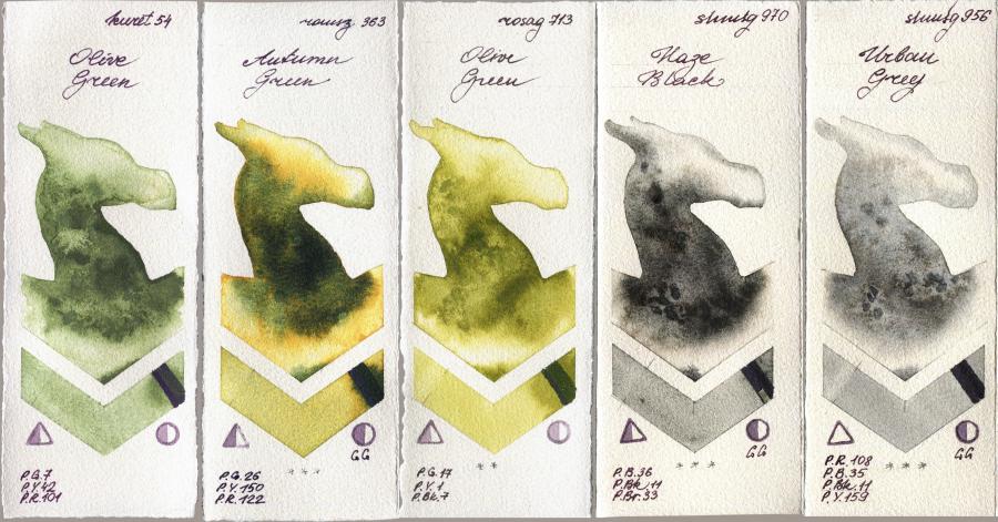 Kuretake Gansai Tambi 54 Olive Green vs Roman Szmal Aquarius 363 Autumn Green vs Rosa Gallery 713 Olive Green vs Shminke Horadam Aquarell 970 Haze Black vs 956 Urban Grey watercolor swatch