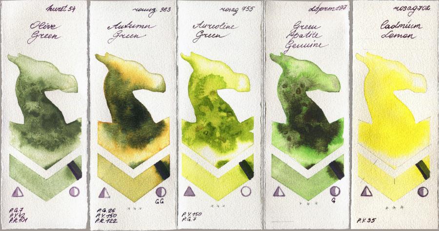 Kuretake Gansai Tambi 54 Olive Green vs Roman Szmal Aquarius 363 Autumn Green vs Rosa Gallery 755 Aureoline Green vs Daniel Smith 197 Green Apatite Genuine vs 702 Cadmium Lemon watercolor swatch