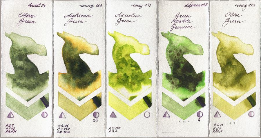 Kuretake Gansai Tambi 54 Olive Green vs Roman Szmal Aquarius 363 Autumn Green vs Rosa Gallery 755 Aureoline Green vs Daniel Smith 197 Green Apatite Genuine vs 713 Olive Green watercolor swatch