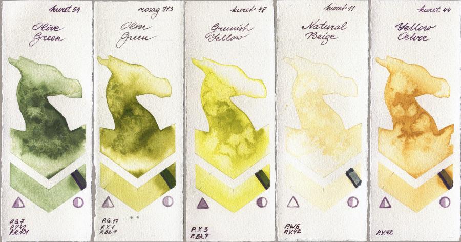 Kuretake Gansai Tambi 54 Olive Green vs Rosa Gallery 713 Olive Green vs 48 Greenish Yellow vs 11 Natural Beige vs 44 Yellow Ochre watercolor swatch