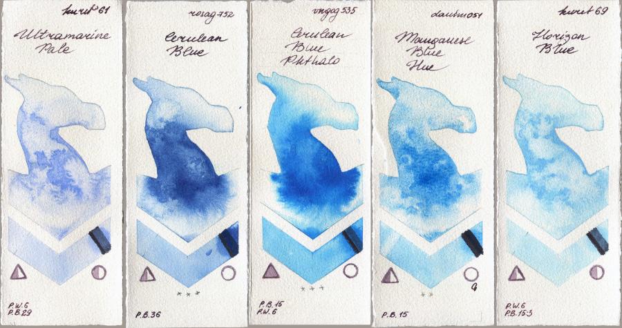 Kuretake Gansai Tambi 61 Ultramatire Pale vs Rosa Gallery 752 Cerulean Blue vs Van Gogh Watercolour 535 Cerulean Blue Phthalo vs Daniel Smith 051 Manganese Blue Hue vs 69 Horizon Blue watercolor swatch