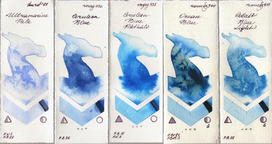 Kuretake Gansai Tambi 61 Ultramatire Pale vs Rosa Gallery 752 Cerulean Blue vs Royal Talens Van Gogh Watercolour 535 Cerulean Blue Phthalo vs Roman Szmal Aquarius 344 Ocean Blue vs 411 Cobalt Blue Light watercolor swatch