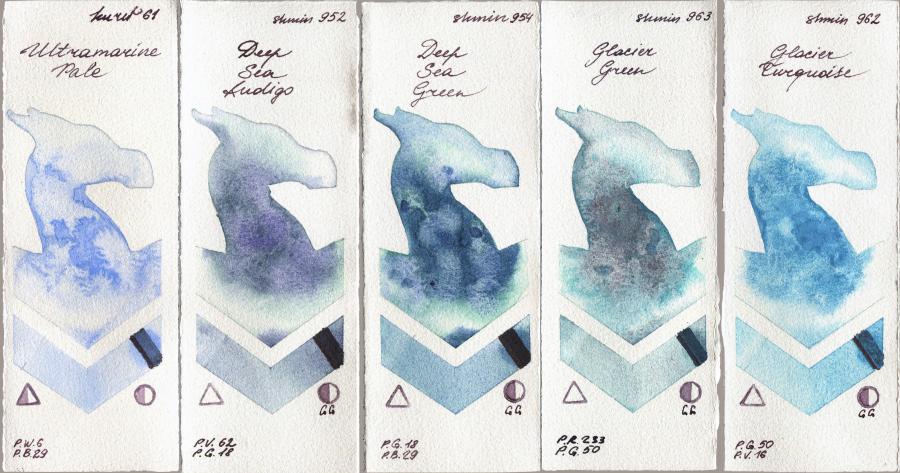 Kuretake Gansai Tambi 61 Ultramatire Pale vs Shminke Horadam Aquarell 952 Deep Sea Indigo vs 954 Deep Sea Green vs 963 Glacier Green vs 962 Glacier Turquoise watercolor swatch