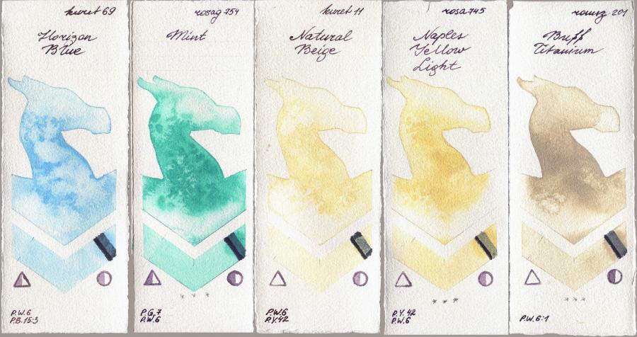 Kuretake Gansai Tambi 69 Horizon Blue vs Rosa Gallery 754 Mint vs 11 Natural Beige vs 745 Naples Yellow Light vs Roman Szmal Aquarius 201 Buff Titanium watercolor swatch