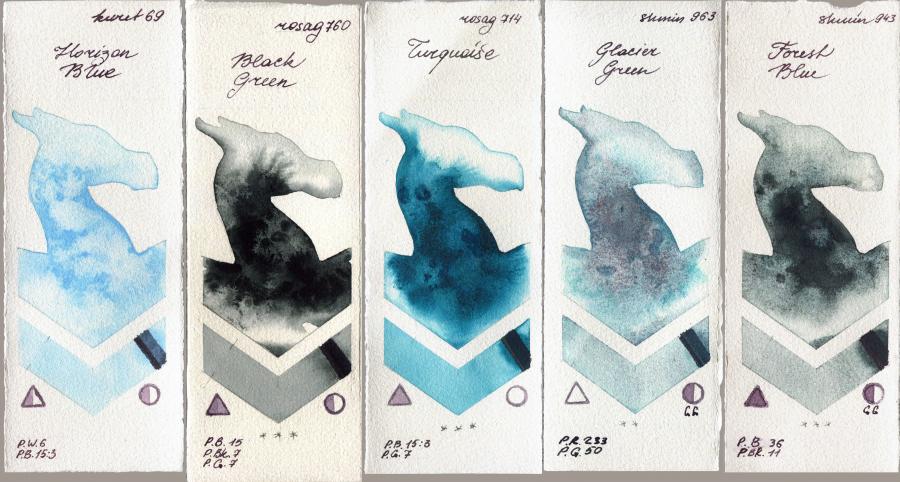 Kuretake Gansai Tambi 69 Horizon Blue vs Rosa Gallery 760 Black Green vs 714 Turquiose vs Shminke Horadam Aquarell 963 Glacier Green vs 943 Forest Blue watercolor swatch