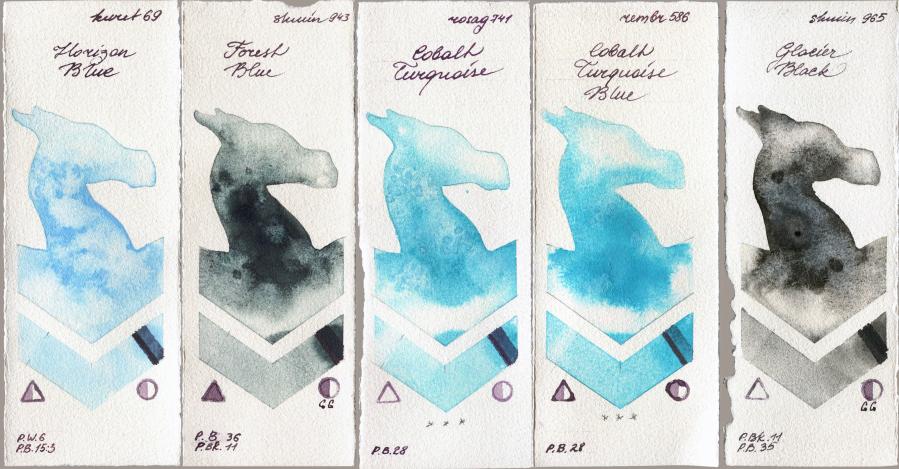Kuretake Gansai Tambi 69 Horizon Blue vs Shminke Horadam Aquarell 943 Forest Blue vs Rosa Gallery 741 Cobalt Turquoise vs Royal Talens Rembrandt Watercolour 586 Cobalt Turquoise Blue vs 965 Glacier Black watercolor swatch