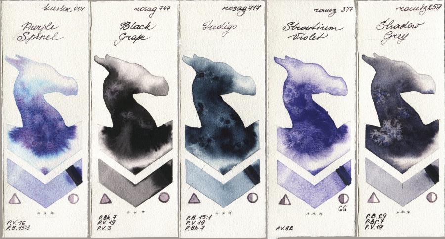 Kusakabe 001 Purple Spinel vs Rosa Gallery 747 Black Grape vs 717 Indigo vs Roman Szmal Aquarius 377 Strontium Violet vs 259 Shadow Grey watercolor swatch