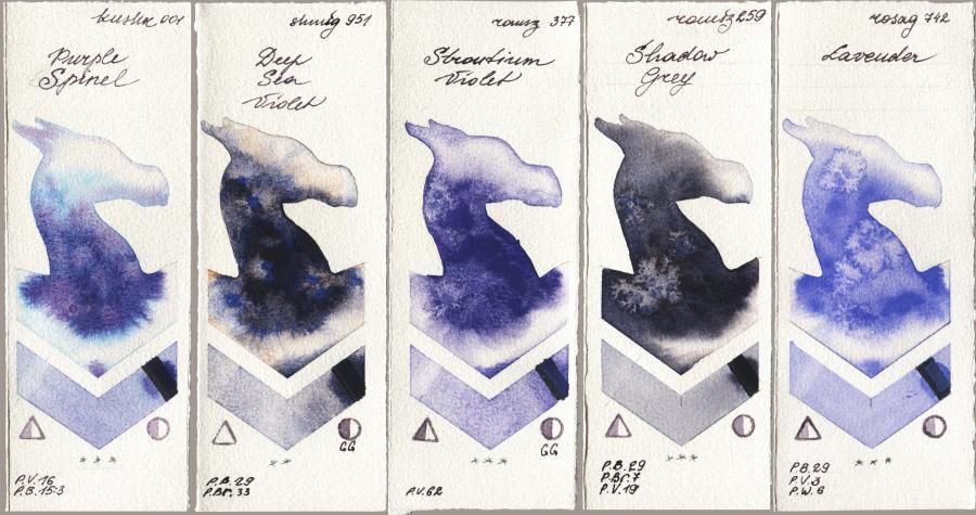 Kusakabe 001 Purple Spinel vs Shminke Horadam Aquarell 951 Deep Sea Violet vs Roman Szmal Aquarius 377 Strontium Violet vs 259 Shadow Grey vs Rosa Gallery 742 Lavender watercolor swatch