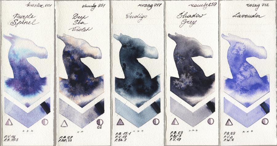 Kusakabe 001 Purple Spinel vs Shminke Horadam Aquarell 951 Deep Sea Violet vs Rosa Gallery 717 Indigo vs Roman Szmal Aquarius 259 Shadow Grey vs 742 Lavender watercolor swatch