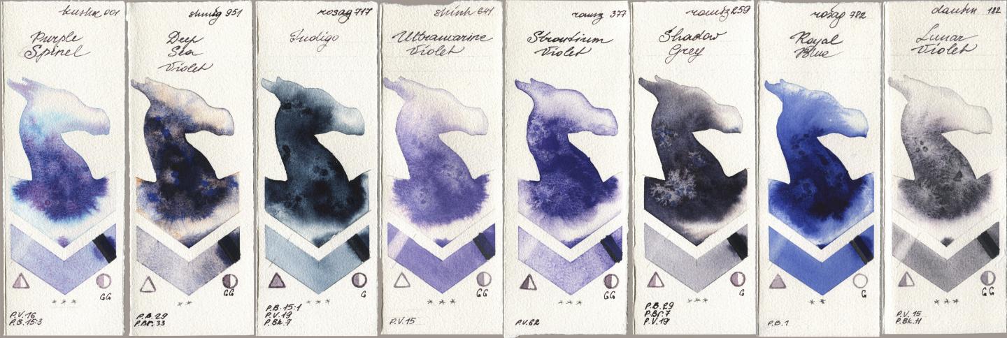 Kusakabe 001 Purple Spinel, Shminke Horadam Aquarell 951 Deep Sea Violet, Rosa Gallery 717 Indigo, Shinhan PWC 641 Ultramarine Violet, Roman Szmal Aquarius 377 Strontium Violet, 259 Shadow Grey, 782 Royal Blue, Daniel Smith 182 Lunar Viol watercolor swatch