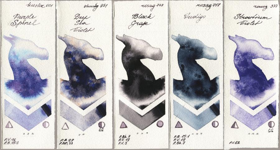Kusakabe 001 Purple Spinel vs Shminke Horadam Aquarell 951 Deep Sea Violet vs Rosa Gallery 747 Black Grape vs 717 Indigo vs Roman Szmal Aquarius 377 Strontium Violet watercolor swatch