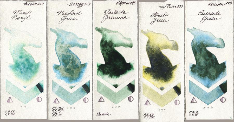Kusakabe 007 Mint Beryl vs Holbein Artists Watercolor 524 Peafowl Green vs Daniel Smith 195 Jadeite Genuine vs Mijello Mission Gold 830 Forest Green vs 142 Cascade Green watercolor swatch
