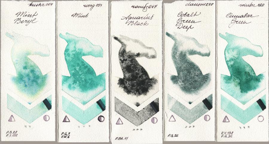 Kusakabe 007 Mint Beryl vs Rosa Gallery 754 Mint vs Roman Szmal Aquarius 247 Aquarius Black vs Daniel Smith 258 Cobalt Green Deep vs Winsor & Newton Professional 420 Cinnabar Green watercolor swatch