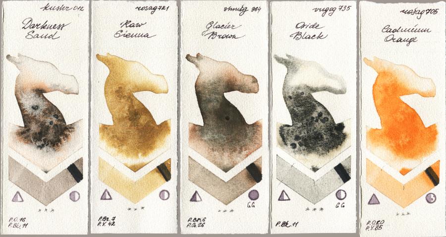 Kusakabe 012 Darkness Sand vs Rosa Gallery 721 Raw Sienna vs Shminke Horadam Aquarell 964 Glacier Brown vs Royal Talens Van Gogh Watercolour 735 Oxide Black vs 705 Cadmium Orange watercolor swatch