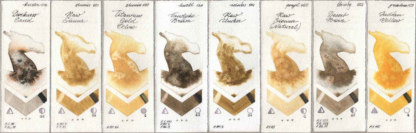 Kusakabe 012 Darkness Sand, Shminke Horadam Aquarell 660 Raw Sienna, 659 Titanium Gold Ochre, Holbein Artists Watercolor 139 Vandyke Brown, Winsor & Newton Professional 554 Raw Umber, Golden QOR 450 Raw Sienna (Natural), 923 Desert Brown, M. Graham & Co. Artists 109 Indian Yell watercolor swatch