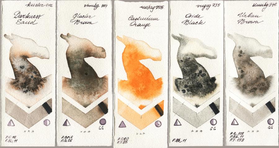 Kusakabe 012 Darkness Sand vs Shminke Horadam Aquarell 964 Glacier Brown vs Rosa Gallery 705 Cadmium Orange vs Royal Talens Van Gogh Watercolour 735 Oxide Black vs 946 Urban Brown watercolor swatch