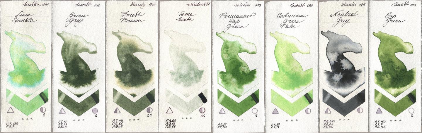 Kusakabe 016 Lime Sparkle, Holbein Artists Watercolor 152 Green Grey, Shminke Horadam Aquarell 944 Forest Brown, Winsor & Newton Professional 637 Terre Verte, 503 Permanent Sap Green, 069 Cadmium Green Pale, 785 Neutral Grey, 075 Sap Gre watercolor swatch