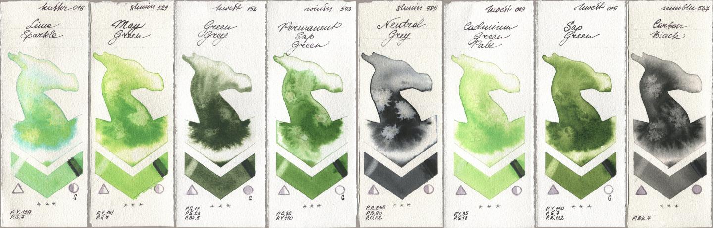 Kusakabe 016 Lime Sparkle, Shminke Horadam Aquarell 524 May Green, Holbein Artists Watercolor 152 Green Grey, Winsor & Newton Professional 503 Permanent Sap Green, 785 Neutral Grey, 069 Cadmium Green Pale, 075 Sap Green, Maimeri Blu 537 Carbon Bla watercolor swatch