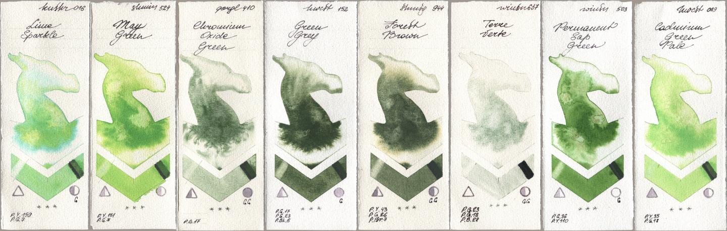 Kusakabe 016 Lime Sparkle, Shminke Horadam Aquarell 524 May Green, Golden QOR 410 Chromium Oxide Green, Holbein Artists Watercolor 152 Green Grey, 944 Forest Brown, Winsor & Newton Professional 637 Terre Verte, 503 Permanent Sap Green, 069 Cadmium Green Pa watercolor swatch