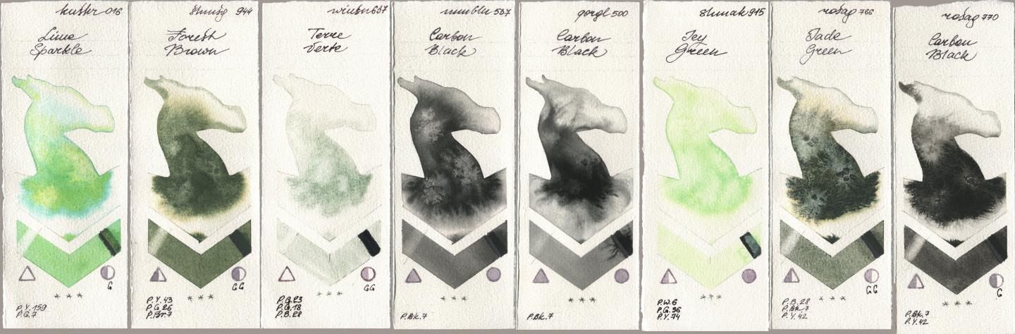 Kusakabe 016 Lime Sparkle, Shminke Horadam Aquarell 944 Forest Brown, Winsor & Newton Professional 637 Terre Verte, Maimeri Blu 537 Carbon Black, Golden QOR 500 Carbon Black, Shminke Akademie Aquarell 915 Icy Green, Rosa Gallery 766 Jade Green, 770 Carbon Bla watercolor swatch