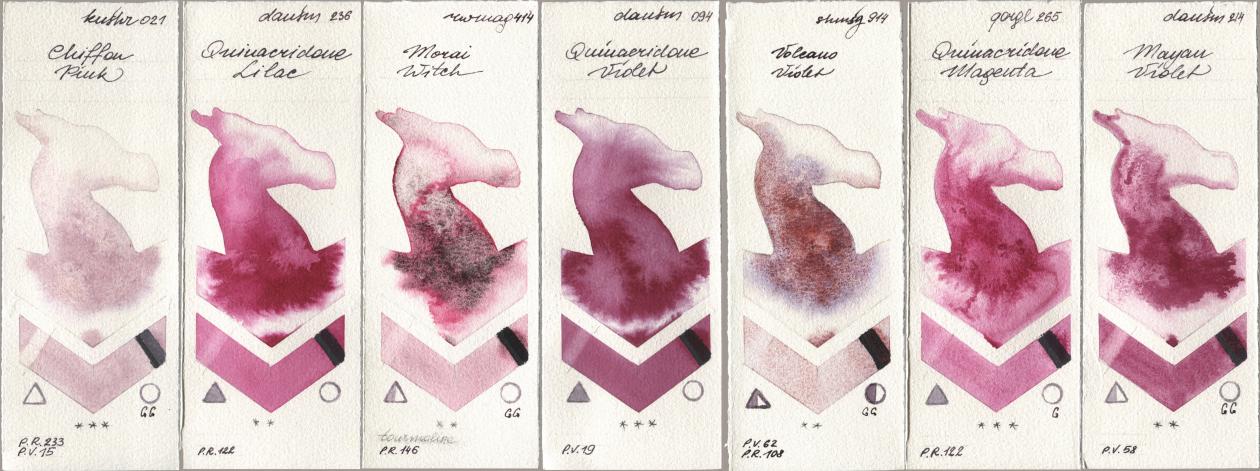 Kusakabe 021 Chiffon Pink, Daniel Smith 236 Quinacridone Lilac, Rockwell 414 Morai Witch, 094 Quinacridone Violet, Shminke Horadam Aquarell 914 Volcano Violet, Golden QOR 265 Quinacridone Magenta, 214 Mayan Viol watercolor swatch