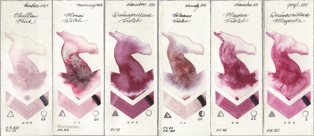 Kusakabe 021 Chiffon Pink, Rockwell 414 Morai Witch, Daniel Smith 094 Quinacridone Violet, Shminke Horadam Aquarell 914 Volcano Violet, 214 Mayan Violet, Golden QOR 265 Quinacridone Magen watercolor swatch