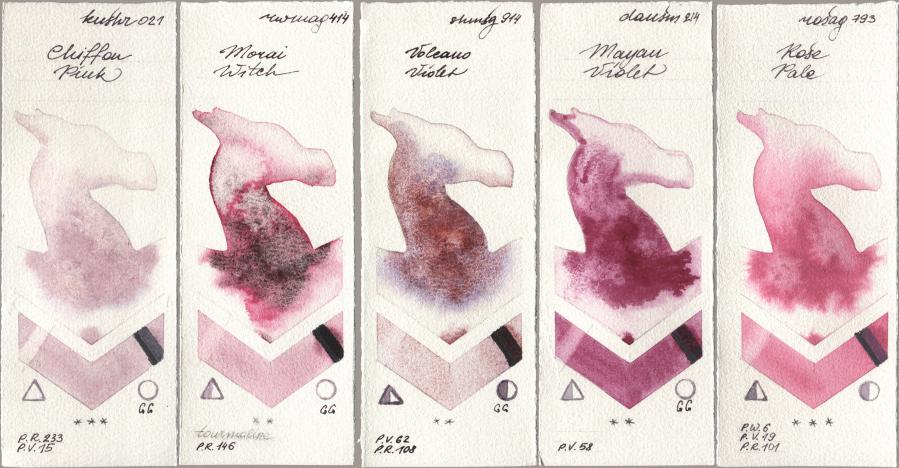 Kusakabe 021 Chiffon Pink, Rockwell 414 Morai Witch, Shminke Horadam Aquarell 914 Volcano Violet, Daniel Smith 214 Mayan Violet, Rosa Gallery 793 Rose Pa watercolor swatch