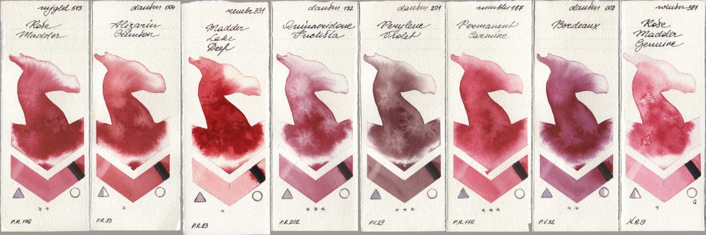 Mijello Mission Gold 513 Rose Madder, Daniel Smith 004 Alizarin Crimson, Royal Talens Rembrandt Watercolour 331 Madder Lake Deep, 132 Quinacridone Fuchsia, 201 Perylene Violet, Maimeri Blu 167 Permanent Carmine, 008 Bordeaux, Winsor & Newton Professional 587 Rose Madder Genui watercolor swatch