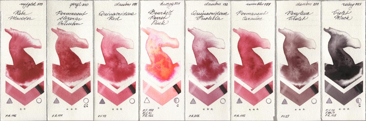 Mijello Mission Gold 513 Rose Madder, Golden QOR 240 Permanent Alizarin Crimson, Daniel Smith 091 Quinacridone Red, Holbein Artists Watercolor 501 Bourkes Parrot Pink, 132 Quinacridone Fuchsia, Maimeri Blu 167 Permanent Carmine, 201 Perylene Violet, Rosa Gallery 765 Violet Bla watercolor swatch