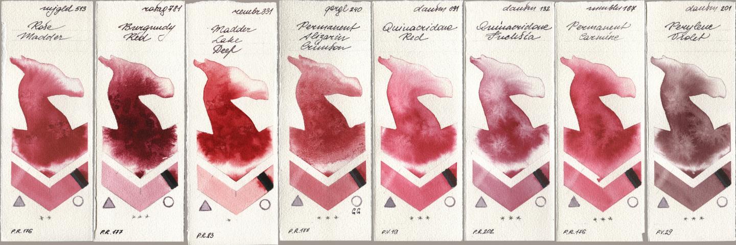 Mijello Mission Gold 513 Rose Madder, Rosa Gallery 781 Burgundy Red, Royal Talens Rembrandt Watercolour 331 Madder Lake Deep, Golden QOR 240 Permanent Alizarin Crimson, Daniel Smith 091 Quinacridone Red, 132 Quinacridone Fuchsia, Maimeri Blu 167 Permanent Carmine, 201 Perylene Viol watercolor swatch