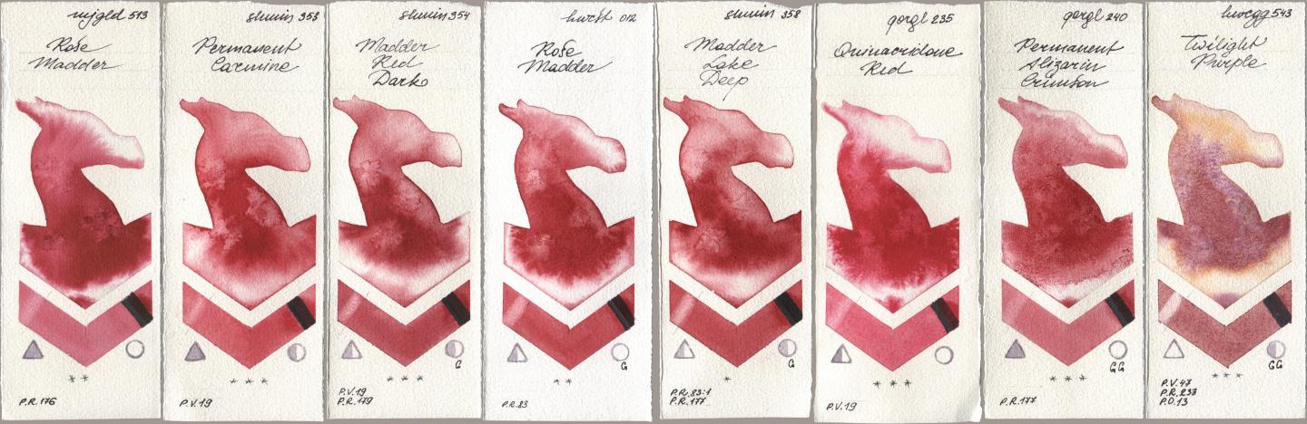 Mijello Mission Gold 513 Rose Madder, Shminke Horadam Aquarell 353 Permanent Carmine, 354 Madder Red Dark, Holbein Artists Watercolor 012 Rose Madder, 358 Madder Lake Deep, Golden QOR 235 Quinacridone Red, 240 Permanent Alizarin Crimson, 543 Twilight Purp watercolor swatch