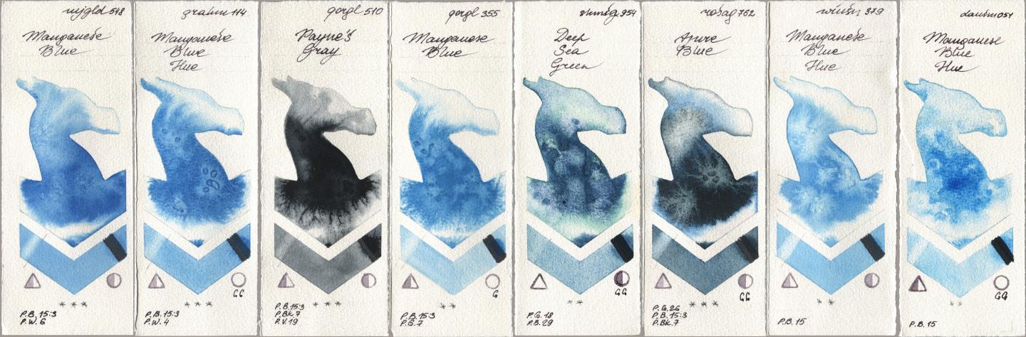 Mijello Mission Gold 548 Manganese Blue, M. Graham & Co. Artists 114 Manganese Blue Hue, Golden QOR 510 Paynes Gray, 355 Manganese Blue, Shminke Horadam Aquarell 954 Deep Sea Green, Rosa Gallery 762 Azure Blue, Winsor & Newton Professional 379 Manganese Blue Hue, Daniel Smith 051 Manganese Blue H watercolor swatch